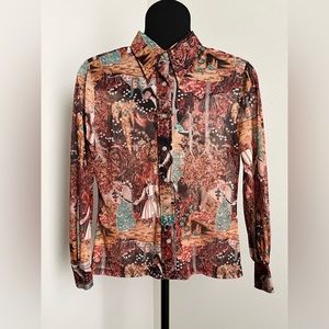 Vintage 70s Novelty Shirt Renaissance Print Dagger Collar Silky Fabric Petite M
